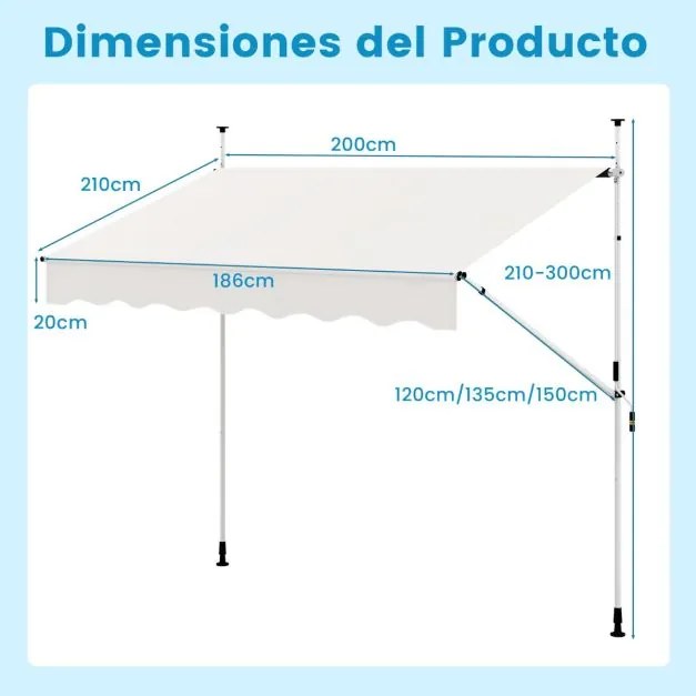 Toldo retrátil manual 2 m x 3 m Toldo exterior com altura ajustável Manivela e sem perfuração para janela Porta Terraço Branco