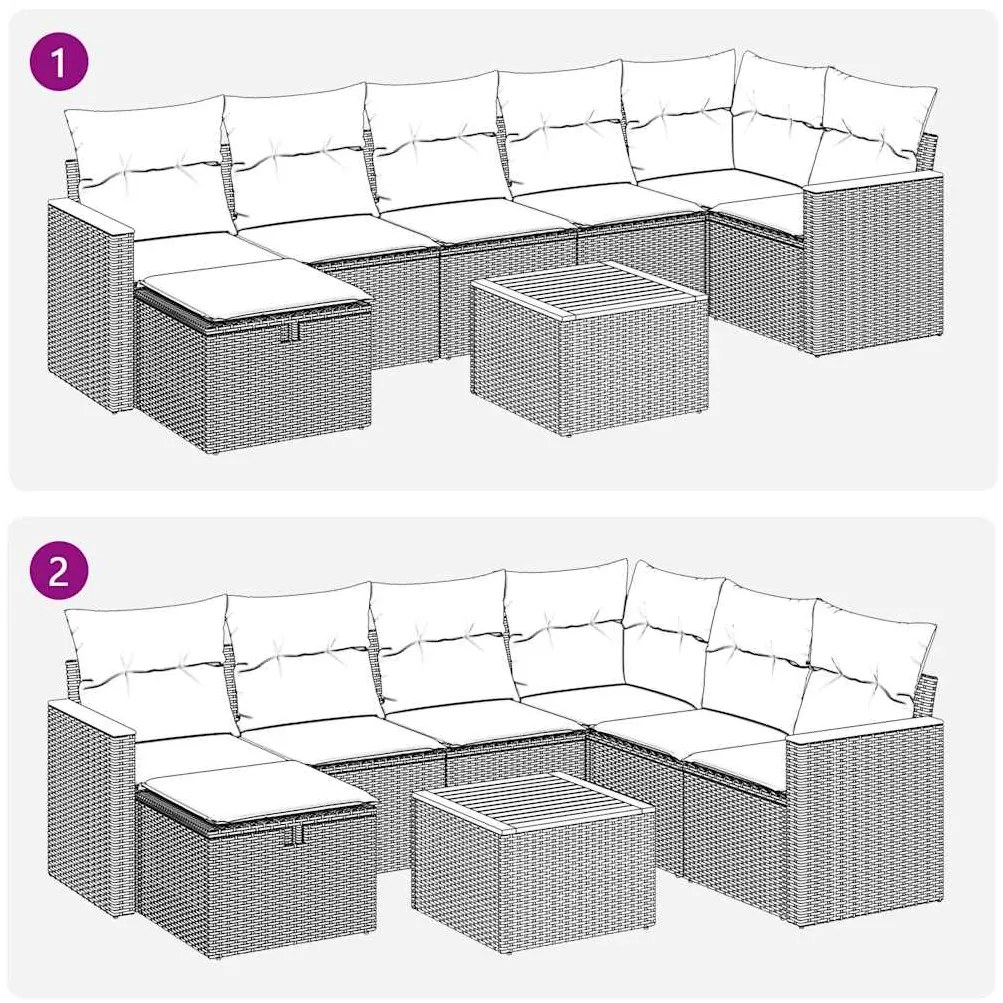 8 pcs conjunto sofás de jardim c/ almofadões vime PE cinzento