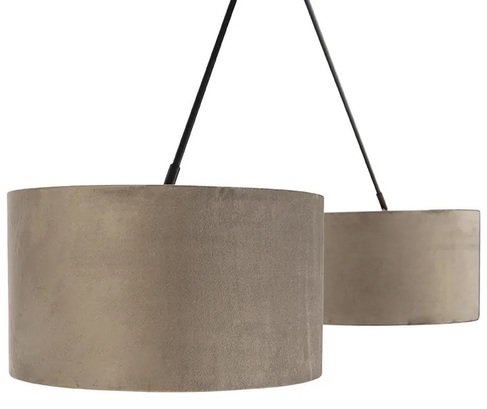 Candeeiro de suspensão preto com abajures de veludo castanho com dourado 35 cm 2-luzes - Blitz
