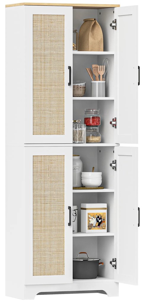 HOMCOM Armário de Cozinha com Prateleiras Ajustáveis Portas em Vime e Sistema Anti-Tombo 60x30x170 cm Branco | Aosom Portugal