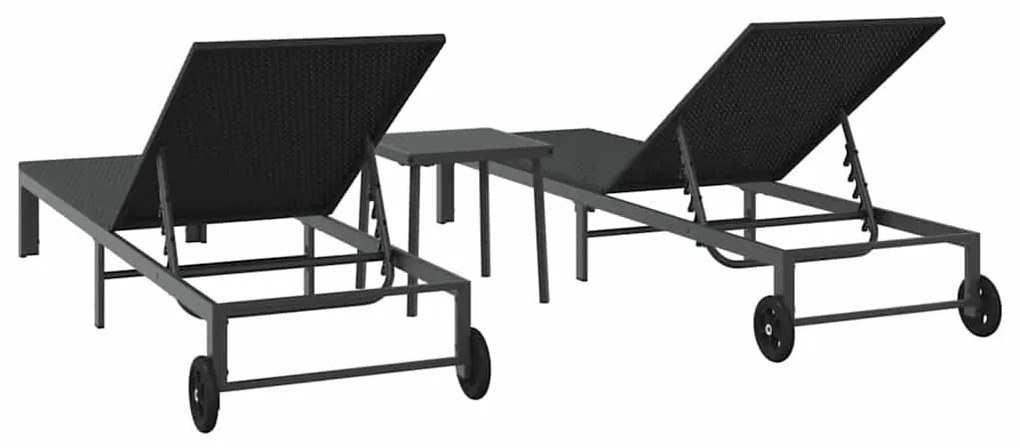 Espreguiçadeiras 2 pcs com Rodas e Mesa em Rattan Preto