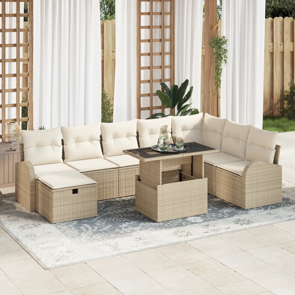 Conjunto de Sofá de Jardim de 9 Peças com Almofadas Bege de Rattan Pol