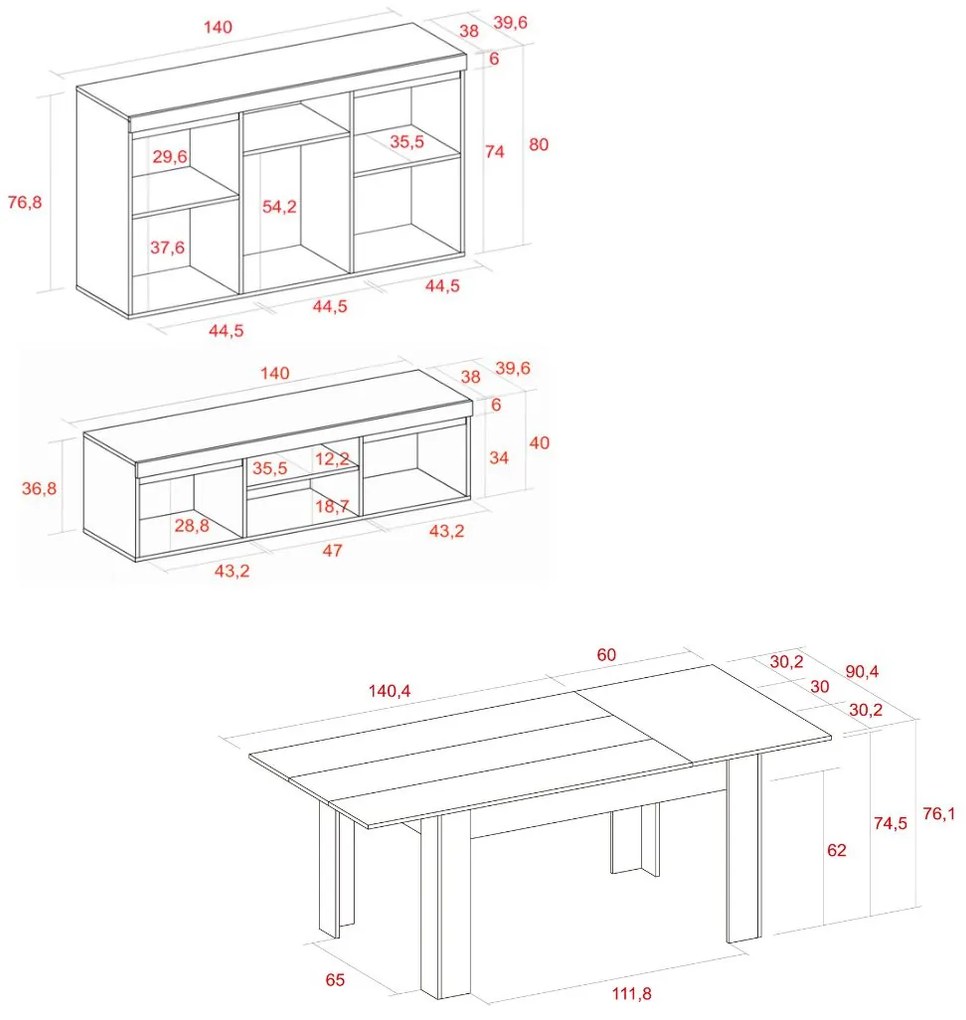 Conjunto Naturale, Sala de estar, Sala de jantar, Buffet-móvel tv140cm - mesa extensível cor Carvalho/Preto