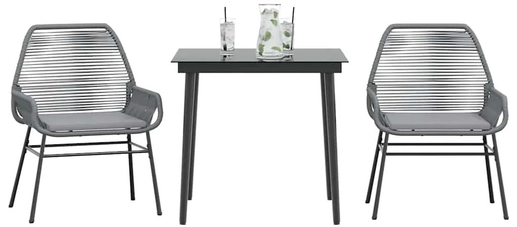Conjunto jantar jardim 3 peças almofadas vidro vime cinzento PE