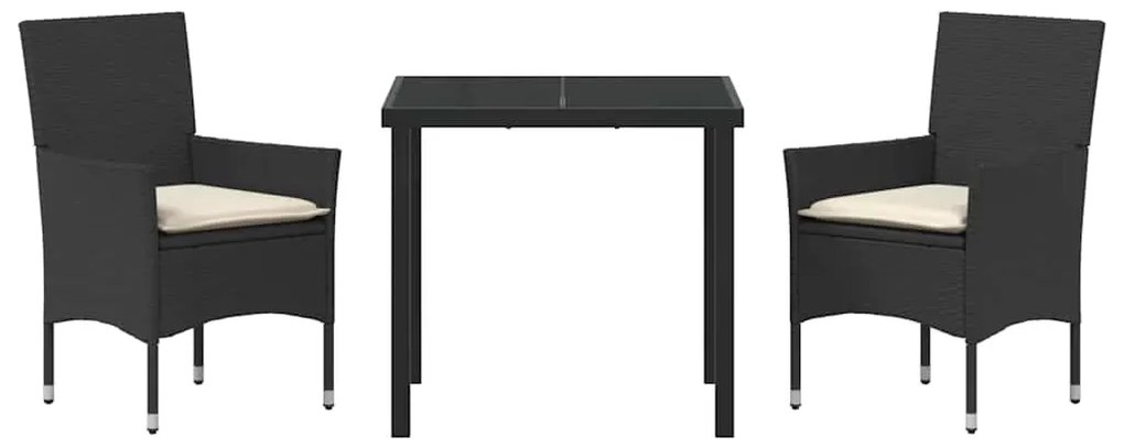 Conjunto de Jantar para Jardim 3 Peças com Almofadas Preto em Rattan d