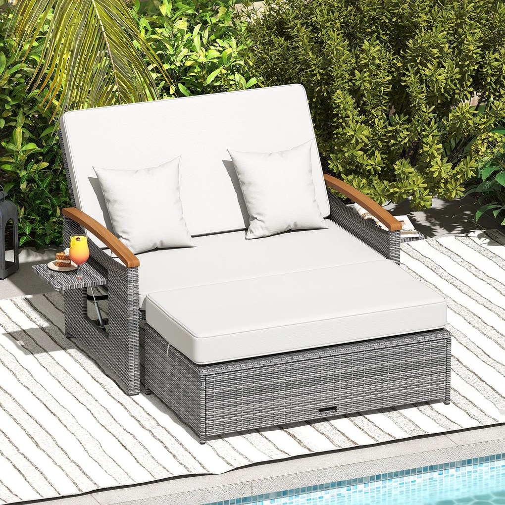 Conjunto de Sofá-Cama de Jardim com Otomano e Mesas Laterais, 164 x 72-111 x 54,5-88 cm, Encosto Ajustável em 4 Níveis, cinzento e Branco