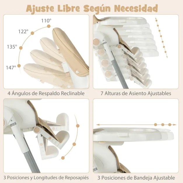 Cadeira refeição alta dobrável 4 em 1 para bebé com apoio para os pés retrátil de 7 alturas, rodas com travão, almofada removível 78 x 52,5 x 104,5 cm
