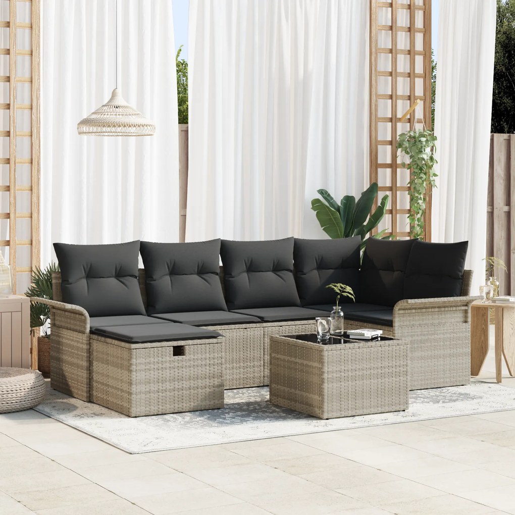 Conjunto de Sofá de Jardim com Almofadas Cinza Claro de Rattan Poliést