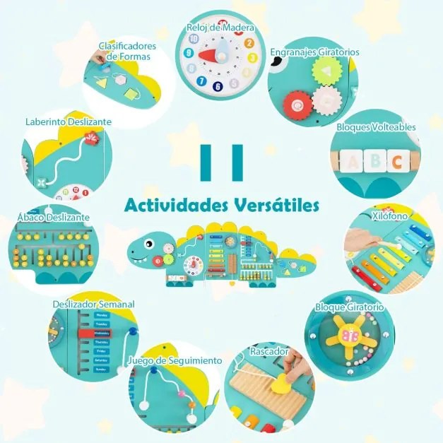 Painéis de atividades com dinossauros para crianças Quadro sensorial Montessori de madeira 11 em 1 para educação e desenvolvimento infantil Verde
