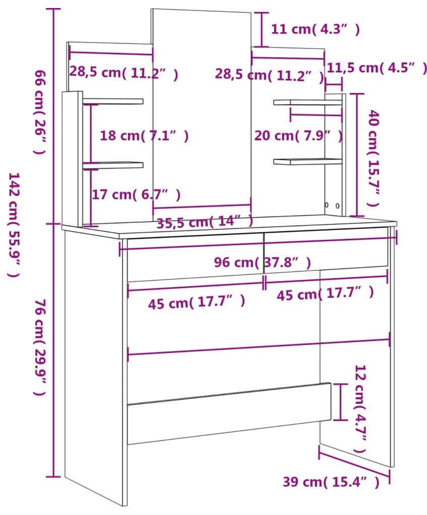 Toucador Merryl - Com Espelho - 96x39x142 cm - Branco Brilhante