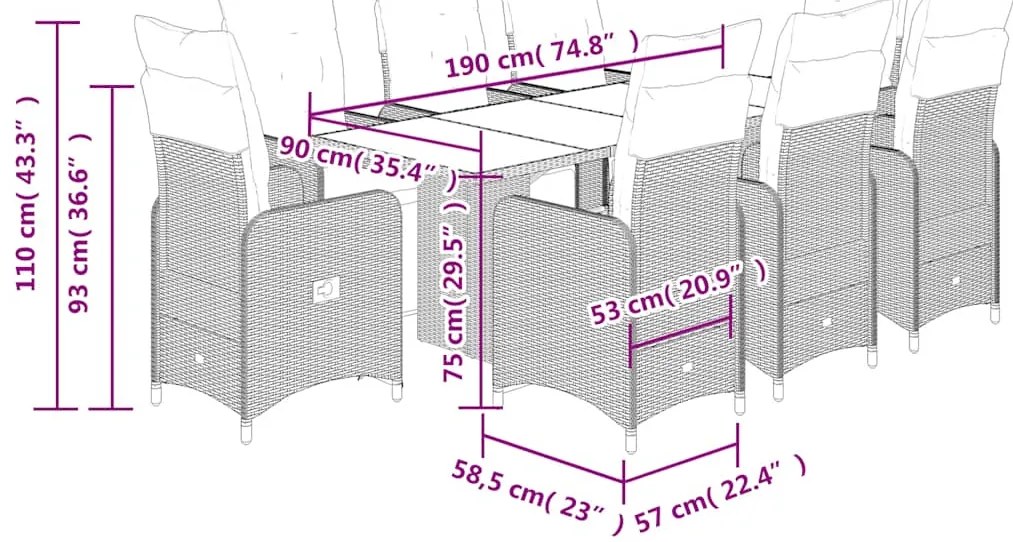 9 pcs conjunto bistrô de jardim c/ almofadões vime PE castanho