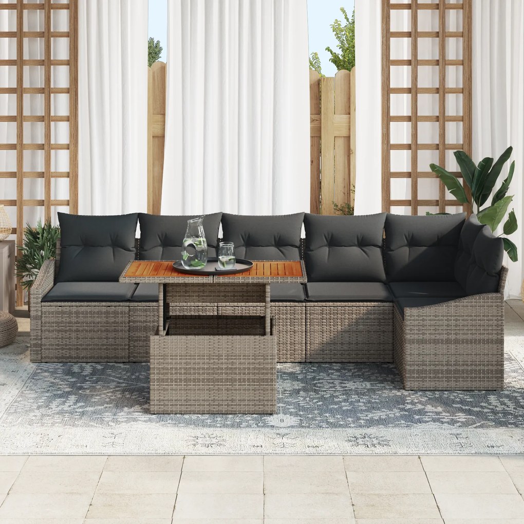 Conjunto de Sofá de Jardim de 7 Peças com Almofadas Cinza em Rattan PE