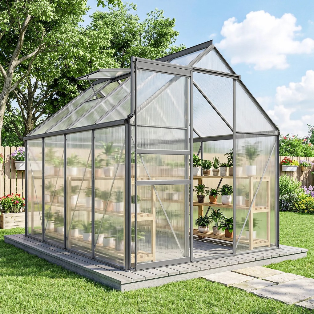 Estufa de jardim em policarbonato 1,9 x 2,53 x 1,99 m com 4,8 m², com fundações, claraboia ajustável e porta de correr transparente