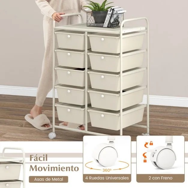 Carrinho móvel multiusos com 10 gavetas organizador multiusos com rodas 65,5 x 37 x 87 cm Branco