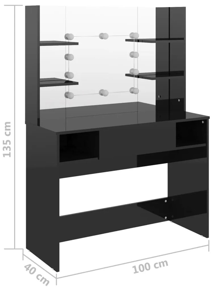 Mesa de maquilhagem c/ LEDs 100x40x135 cm MDF preto brilhante