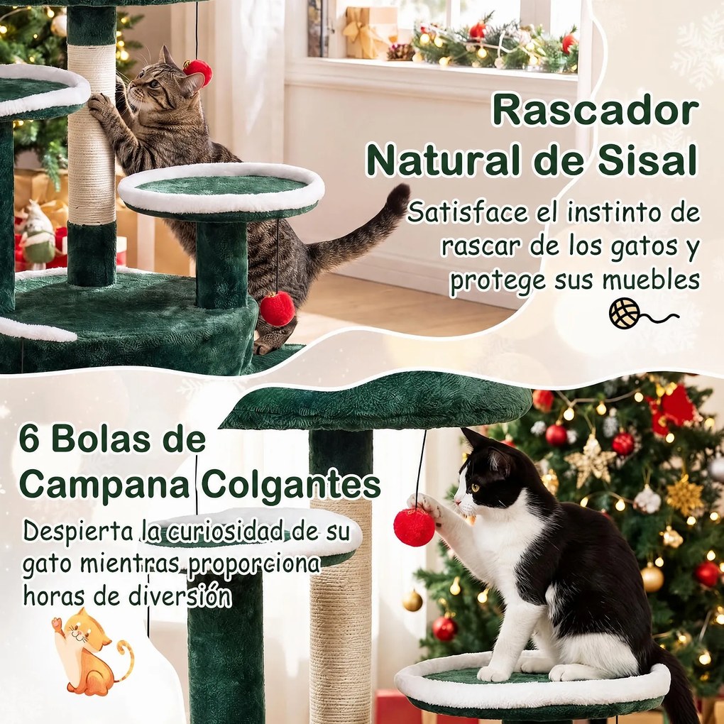 Árvore para Gatos Natalícia, 58 x 58 x 127 cm, Com 3 Plataformas, Verde