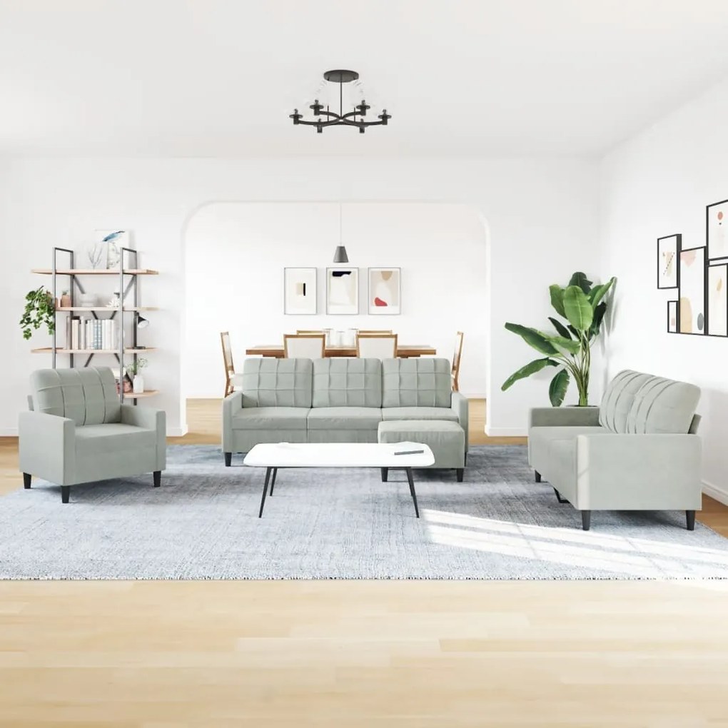 4 pcs conjunto de sofás com almofadões veludo cinzento-claro