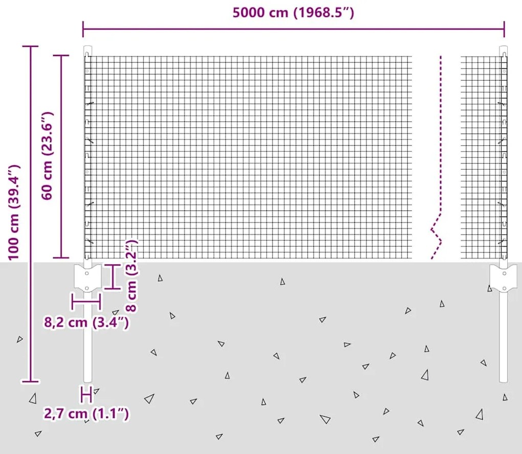 Cerca de Arame Soldado com 22 Postes em U Verde 0.6x50 m Aço