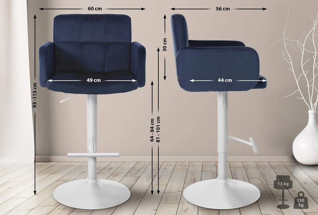 Banco de bar Los Angeles em veludo com estrutura branca 93-113 x 60 x 56 cm Azul