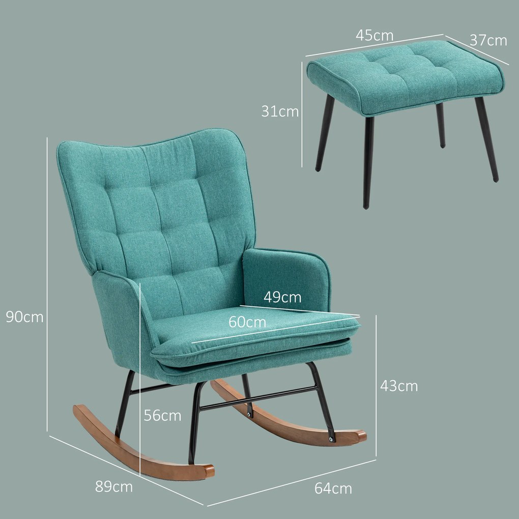 Poltrona Baloiço com Apoio para os Pés Poltrona Relax com Almofada Acolchoada e Anti-Tombo 64x89x90 cm Verde