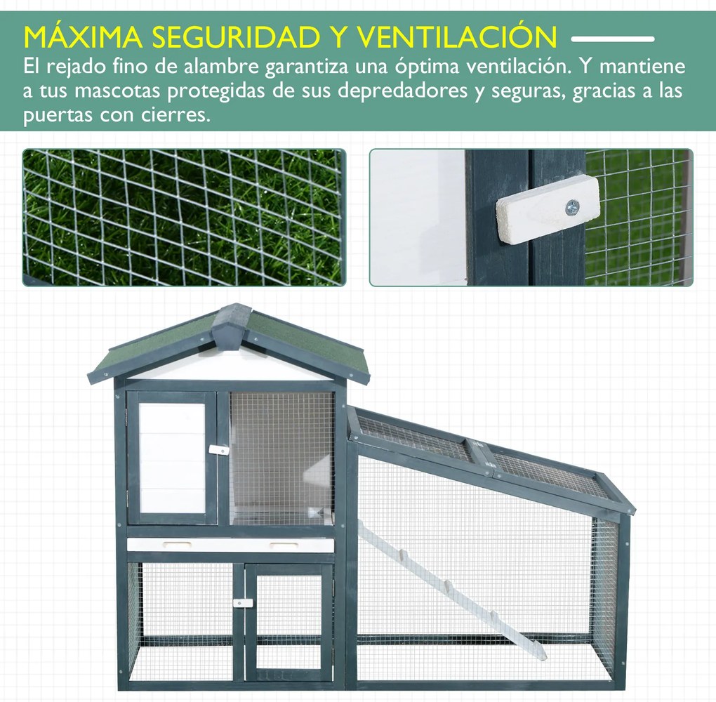 PawHut Gaiola de madeira para coelhos ao ar livre 2 níveis com bandeja removível e várias entradas telhado asfáltico Galinhas cobaias 140x65x100 cm Verde