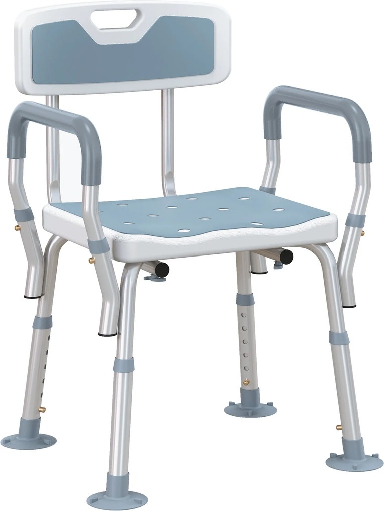 HOMCOM Banqueta de duche cadeira de duche ergonómica altura regulável pés antiderrapantes 56,5 x 53,5 x 87 cm branco e azul | Aosom Portugal