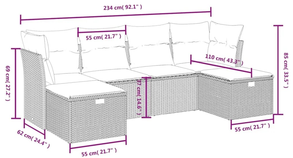 6 pcs conjunto de sofás jardim c/ almofadões vime PE castanho