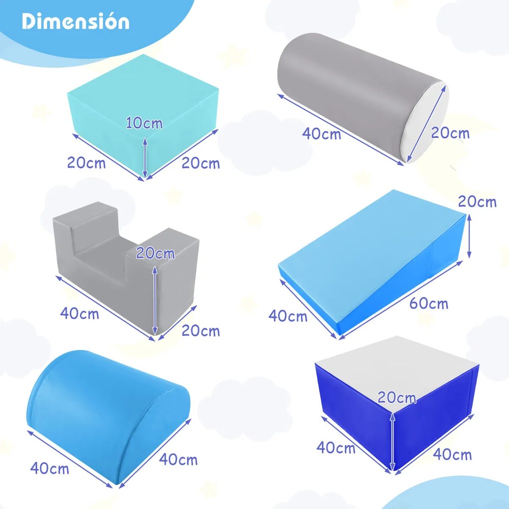 Conjunto com 6 peças de brincar e trepar com formas diferentes para o desenvolvimento motor das crianças Azul