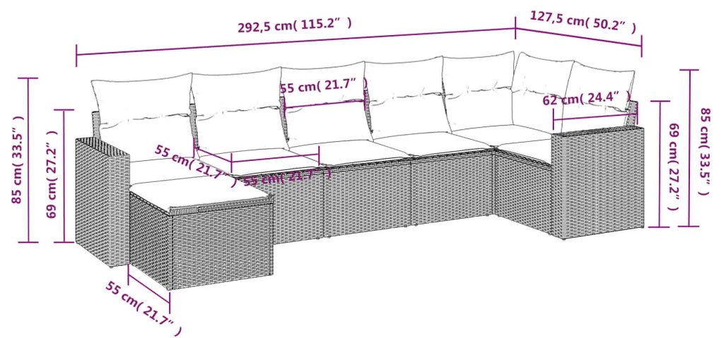 7 pcs conjunto de sofás jardim c/ almofadões vime PE castanho