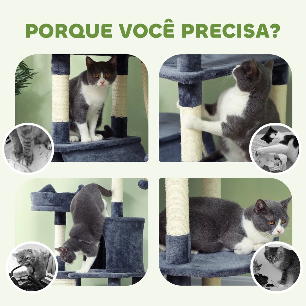 Arranhador para Gatos Grande 60x50x206 cm Torre para Gatos com Plataformas Caverna Bolas Suspensa e Rede Cinza Escuro
