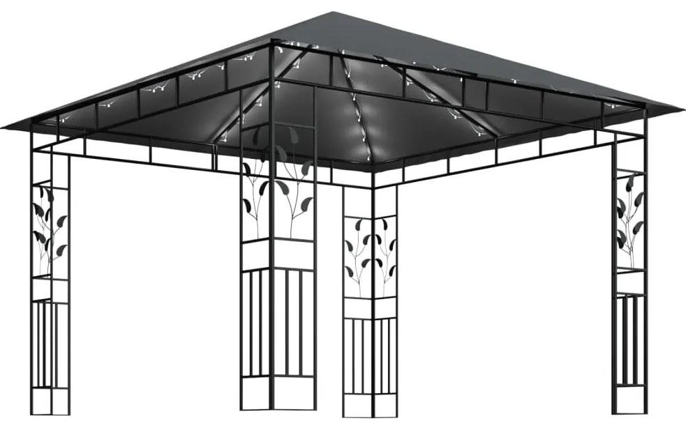 Gazebo c/ mosquiteiro e cordões luzes LED 3x3x2,73m antracite