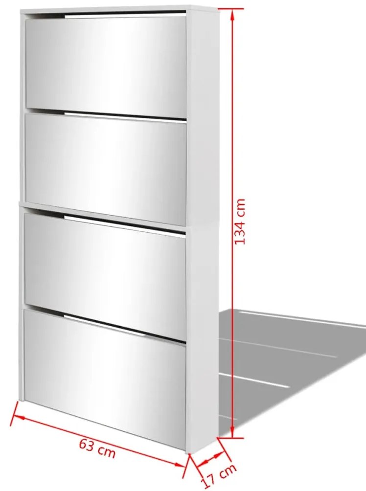 Sapateira de 4 divisórias com espelho branco 63x17x134cm