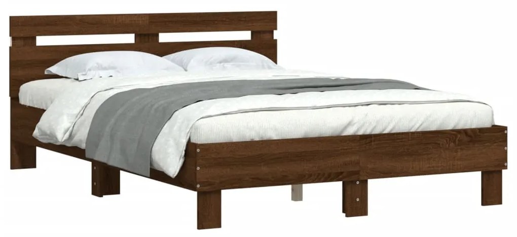 Estrutura cama cabeceira/luzes LED 135x190 cm carvalho castanho