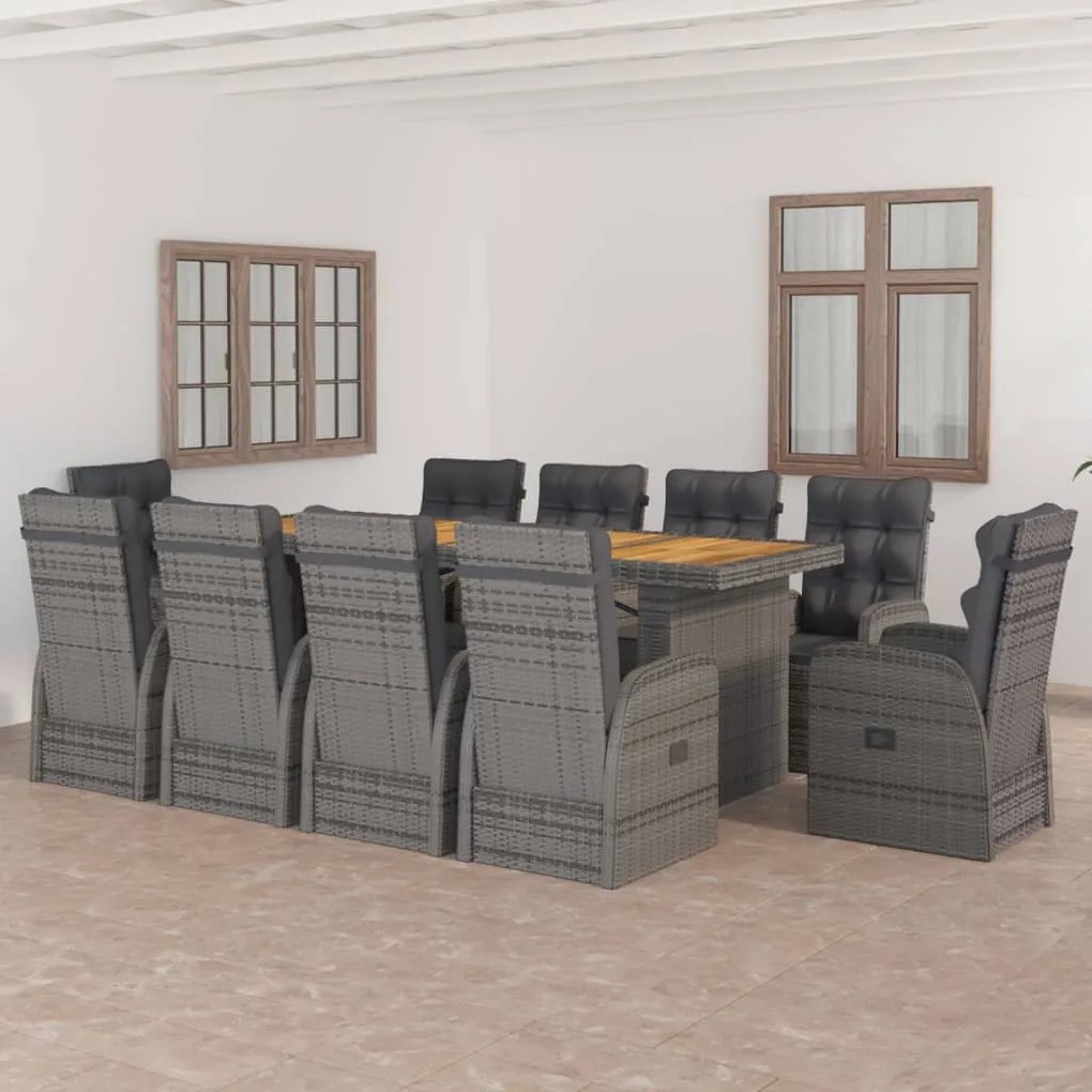 vidaXL 11 pcs conjunto jantar exterior c/ almofadões vime PE cinzento