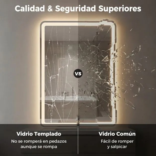 Espelho LED 80x60cm com luzes 3 cores antiembaciamento e luz regulável prateado