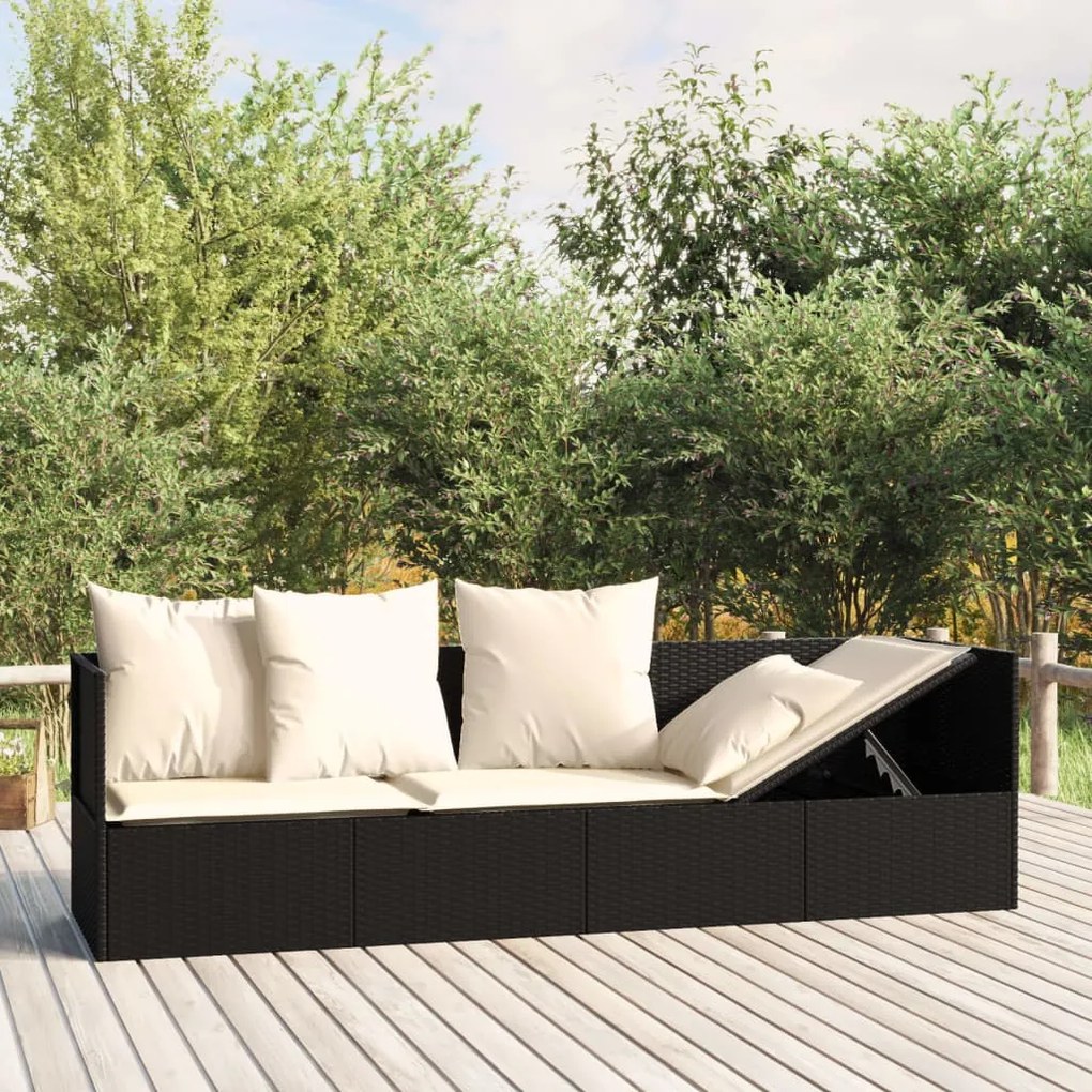 vidaXL Sofá lounge de exterior com almofadões vime PE preto