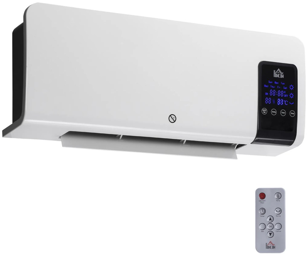 HOMCOM Aquecedor Elétrico de Parede 1000W/2000W Aquecedor com Ecrã LED Controlo Remoto Termostato Temporizador 54,5x12x21,5cm Branco | Aosom Portugal