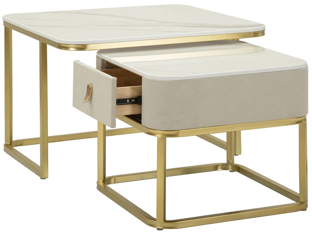 CONJUNTO DE MESAS DE CAFÉ BEAUTRY 2 PEÇAS CM 70X70X48-50X50X43,5 CREME E DOURADO