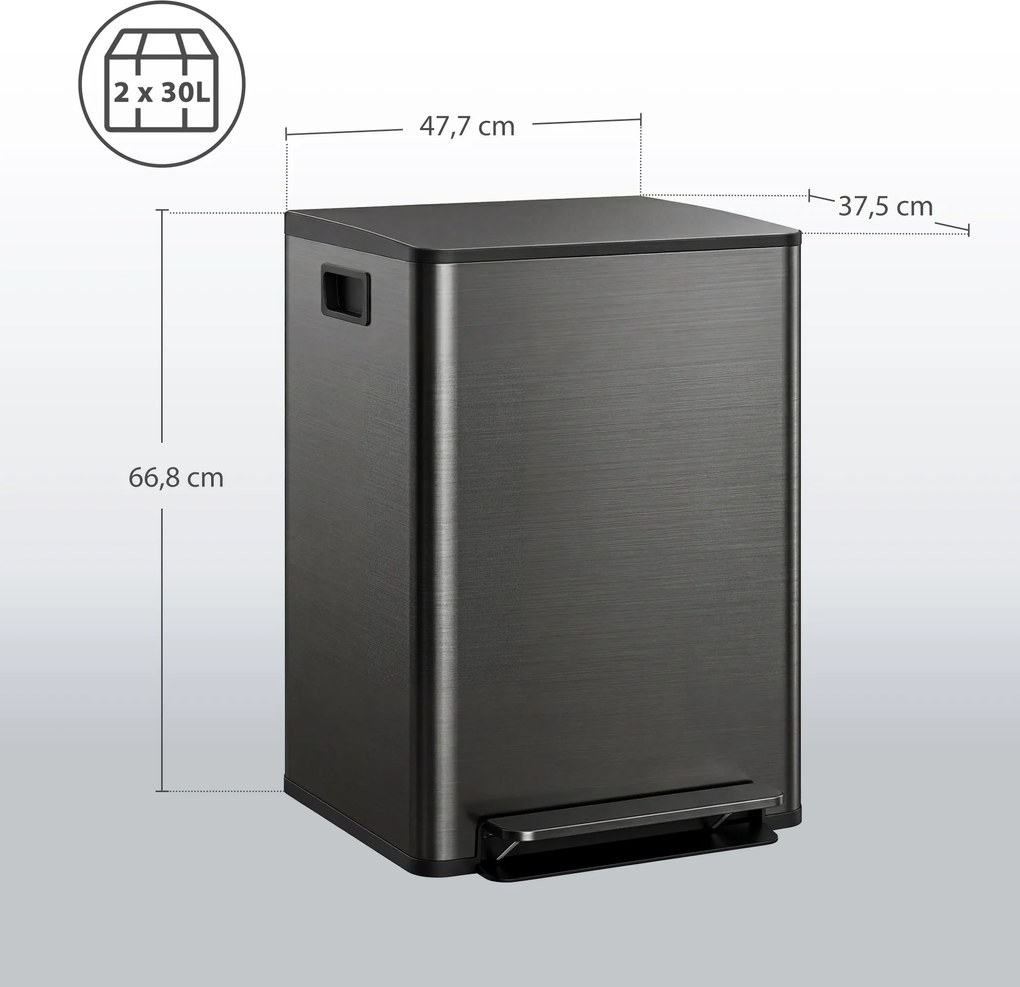 Caixote do lixo de cozinha com 2 compartimentos de 2 x 30 L, aço inoxidável, tampa com fecho suave, 47,7 x 37,5 x 66,8 cm, preto