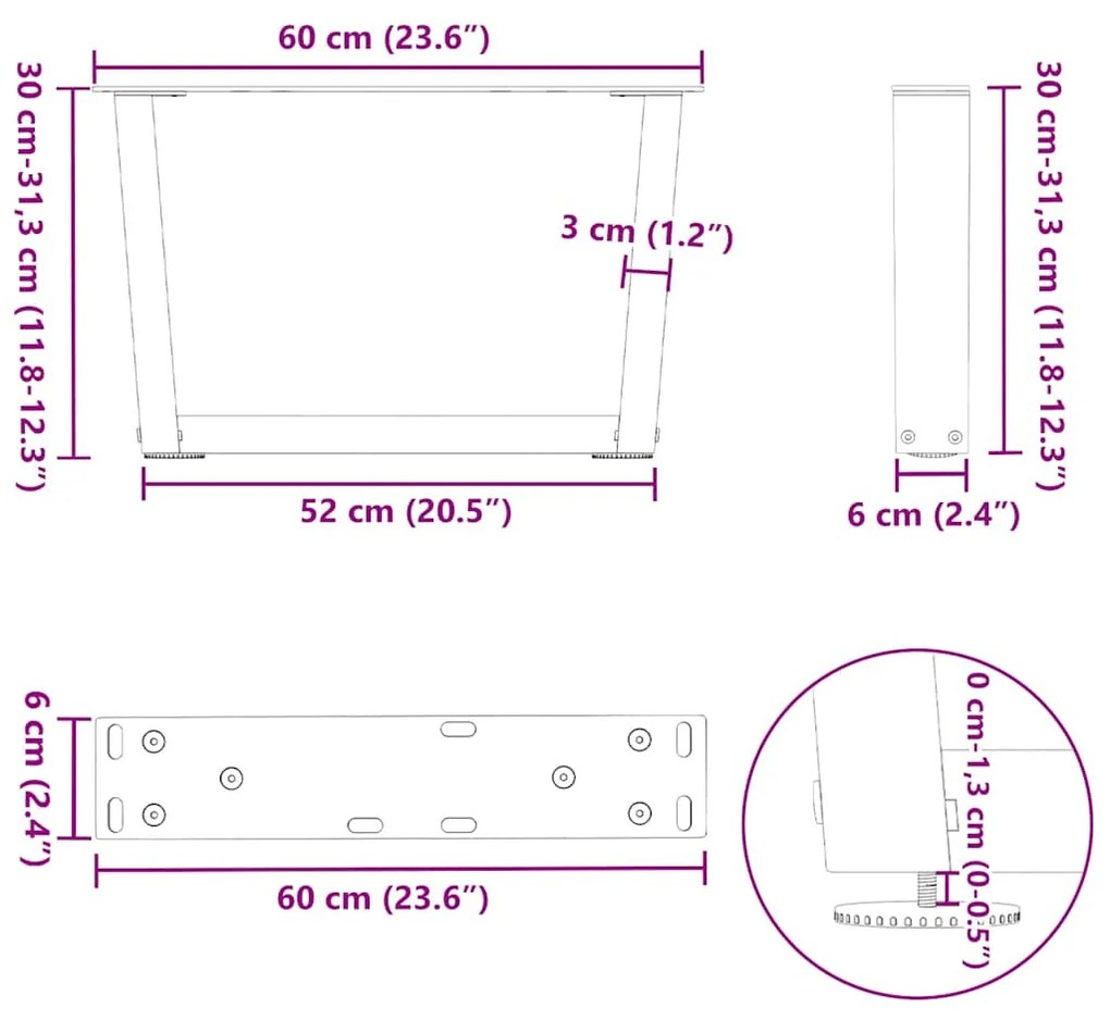 Mesa de jantar pernas 2pcs forma V 60x(30-31,3)cm aço antracite