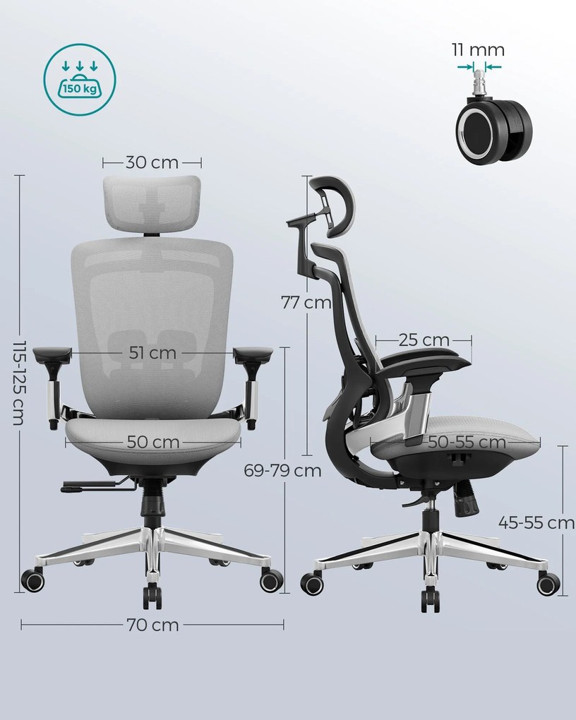 Cadeira de escritório ergonómica e ajustável Cinzento