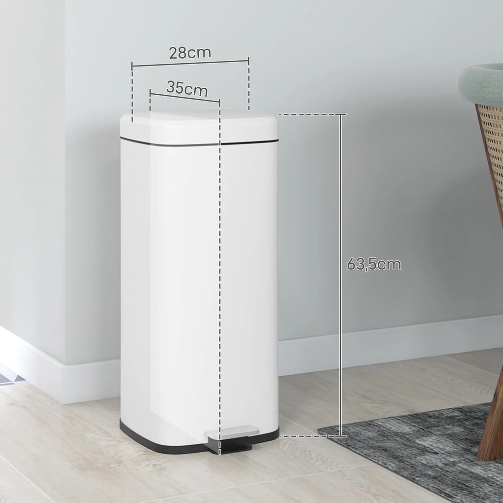 Caixote do lixo de cozinha de 30 L com tampa de fecho suave e pedal, balde interior removível, 28 x 35 x 63,5 cm, branco