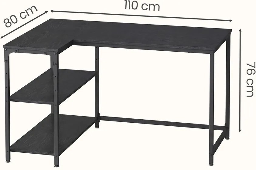 Secretária com espaço de arrumação, em L 110 x 80 x 76 cm, prateleira ajustável em altura Preto