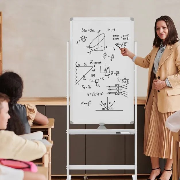 Quadro branco magnético móvel 60 x 100 de dupla face com suporte sobre rodas Altura ajustável para escritório Escola Branco