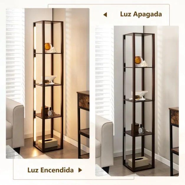 Candeeiro de pé moderno com prateleiras, lâmpadas LED reguláveis em 3 níveis e postes LED giratórios para quarto 29 x 29 x 163 cm cor nogueira