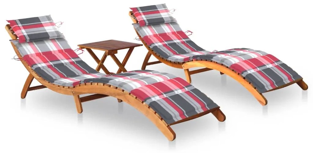 vidaXL Espreguiçadeiras com mesa e almofadões 2 pcs acácia maciça