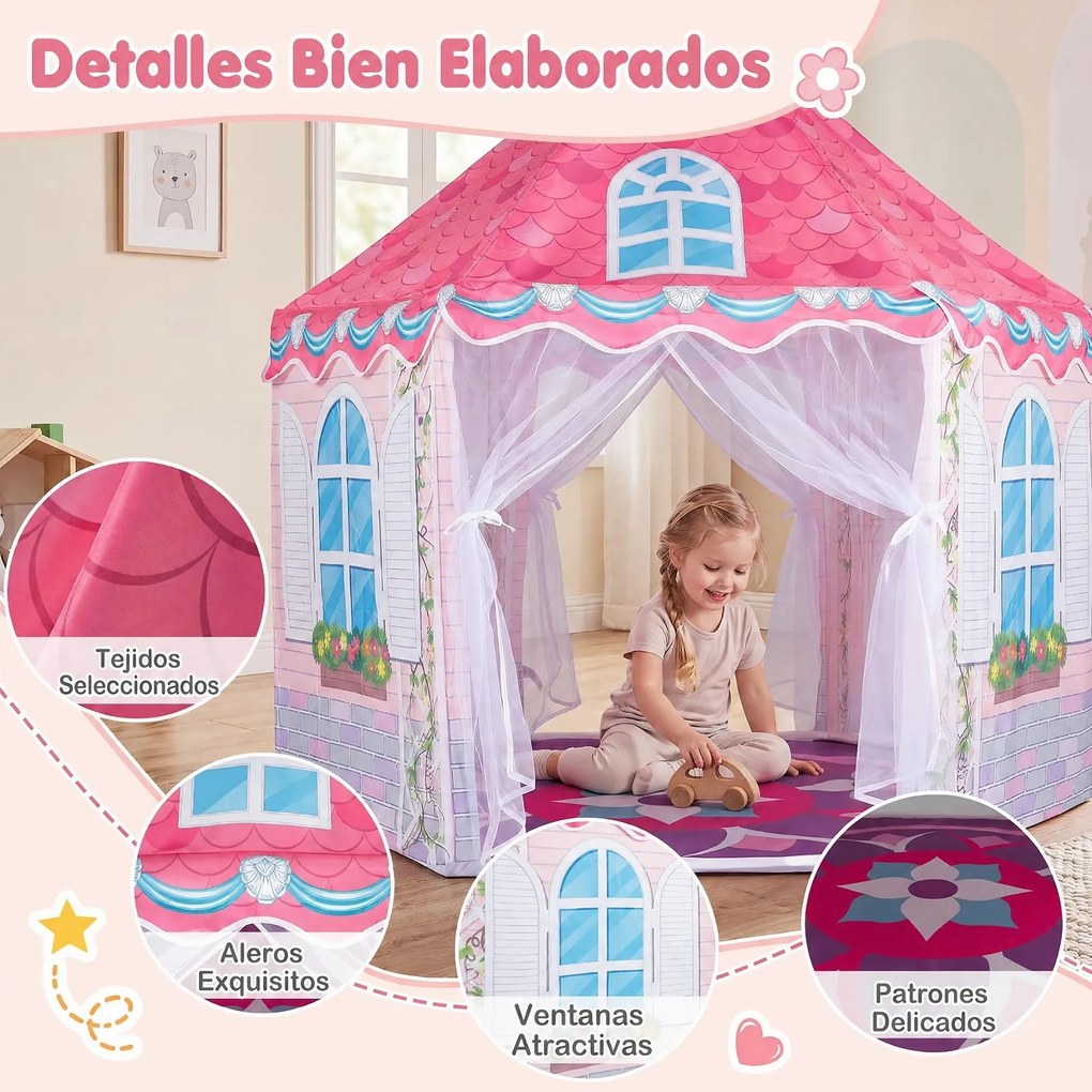 Tenda de Jogos Hexagonal para Crianças, 140 x 140 x 140 cm, Cortinas de Malha Respirável, Rosa