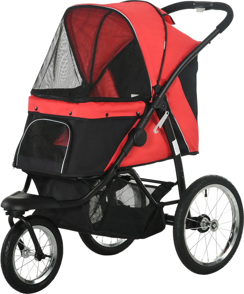 PawHut Carrinho para cães, dobrável, proteção solar, janelas em tela, cesto de armazenamento, vermelho, 111 x 58 x 107 cm | Aosom Portugal