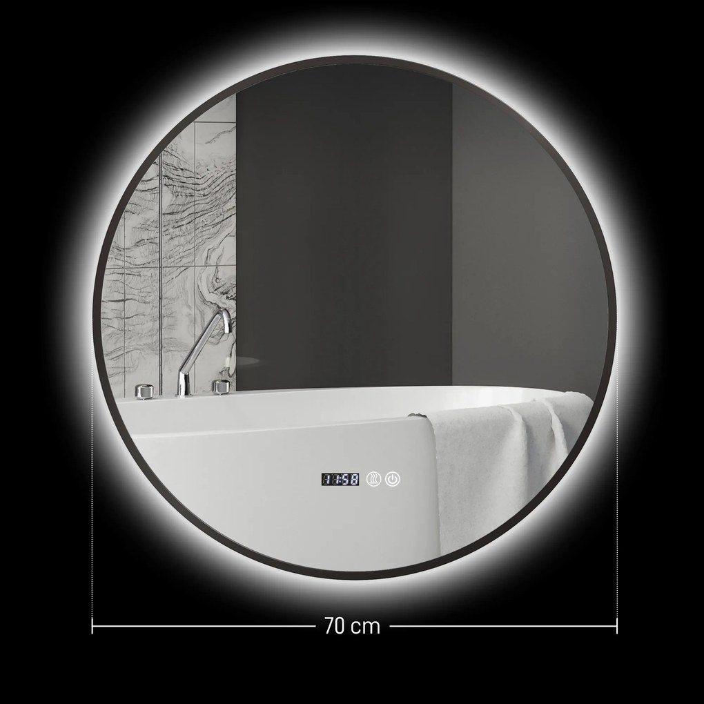 Espelho redondo de casa de banho com iluminação LED Ø 70 x 30 cm, intensidade regulável, função antiembaciamento, interruptor tátil, preto