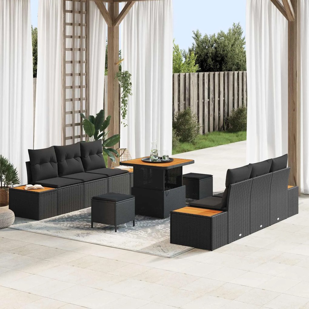 vidaXL Conjunto de Sofá de Jardim 9 pcs Preto Rattan Sintético